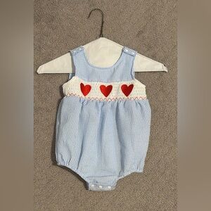 Blue and White Striped Baby Romper with Red Hearts